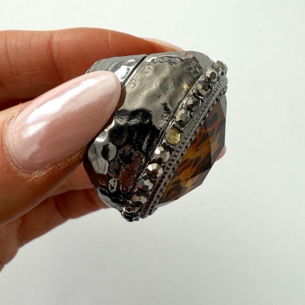 Chunky Leopard Print & Rhinestone Statement Cocktail Ring - Adjustable - Picture 6 of 8